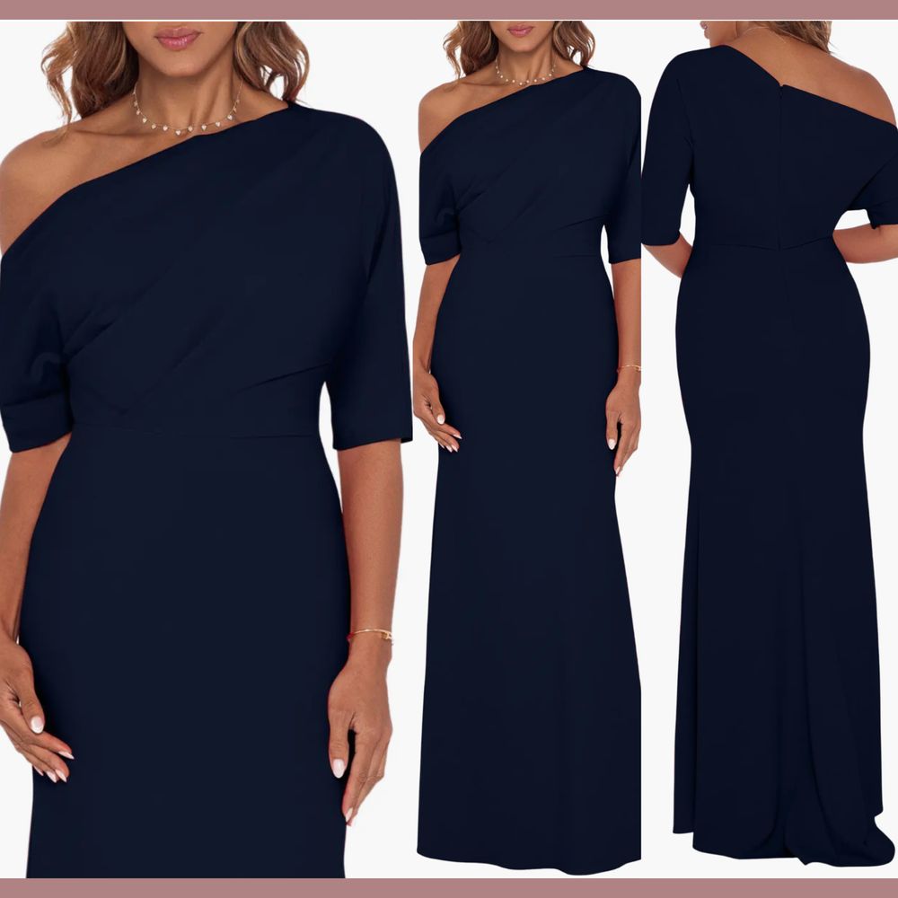 New $249 Betsy & Adam [ 4 ] One Shoulder Crepe Scuba Trumpet Gown Navy Blue Q869